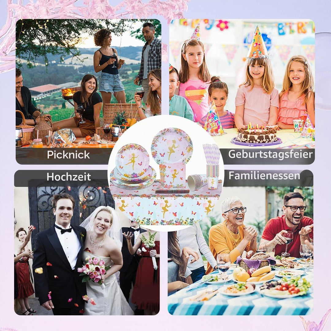 FAELNK 101 Stück Fee Partygeschirr Kindergeburtstag Set Schmetterling &amp; Fee Partygeschirr Set Feen G