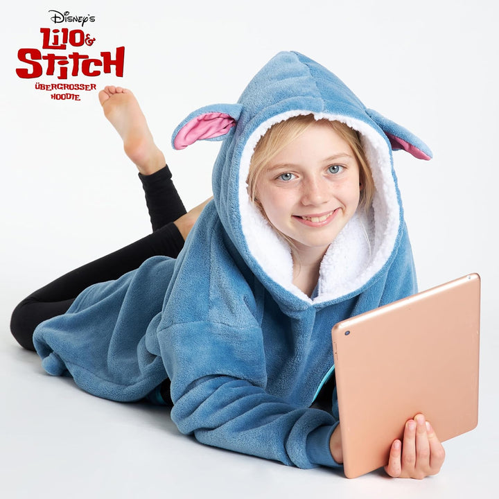 Disney Stitch Kapuzenpullover Mädchen, Übergrosse Hoodie Decke Kinder mit Sherpa-Kapuze und Kängurut