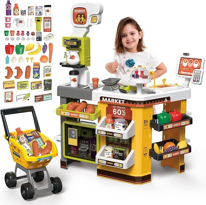deAO Supermarkt mit Einkaufswagen, Kasse, 65PCS Kaufladen Zubehör, Kaufladen Kasse mit Scanner und S