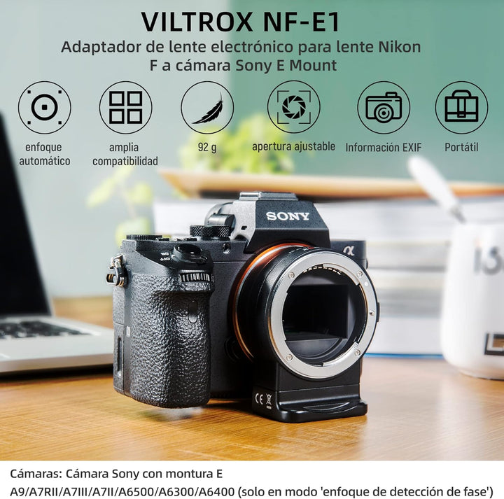VILTROX NF-E1 Autofokus Objektivadapter,Objektiv Adapter Ring für Nikon F Bajonett Objektiv auf Sony