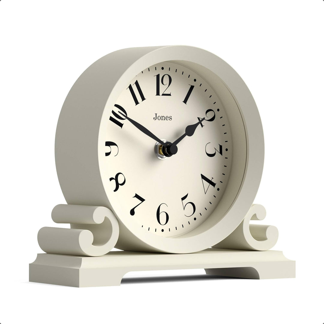 JONES CLOCKS® Saloon Tischuhr I Traditionelles DoppelIscrollIDesign I Hellcreme I Zeitgenössischer k