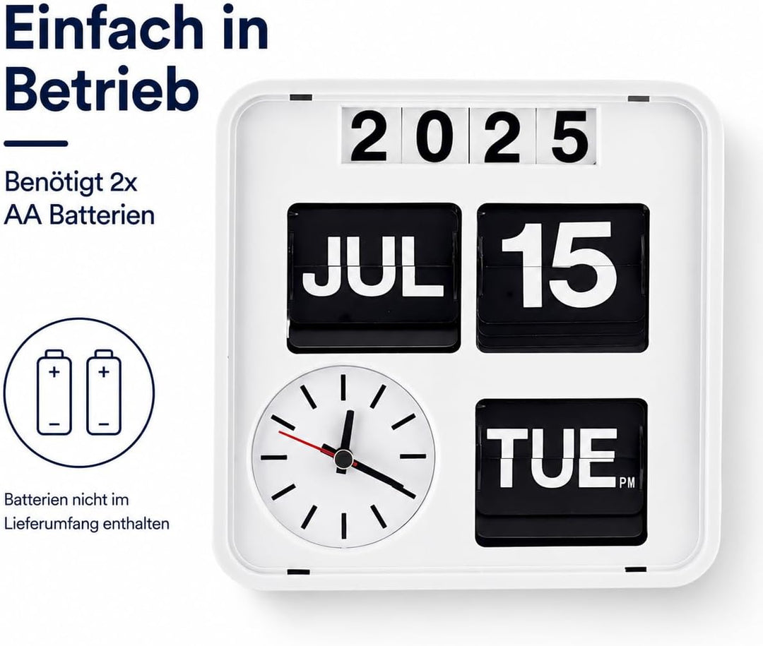 Eurotime 80005-00 Retro Tisch- & Wanduhr mit Voll-Datumsanzeige inkl. Jahr, Quarzuhr im Klappkarten-