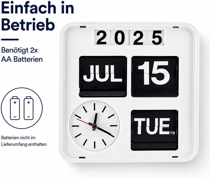 Eurotime 80005-00 Retro Tisch- & Wanduhr mit Voll-Datumsanzeige inkl. Jahr, Quarzuhr im Klappkarten-