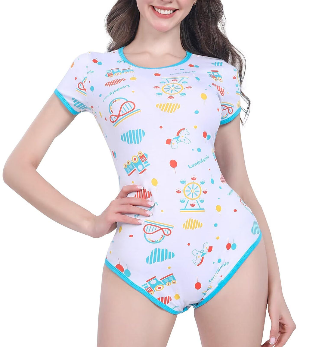 Landofgenie Damen Bodysuit Baumwolle Onesie Nette Print Pyjamas Nachtwäsche Blau Vergnügungspark Bla
