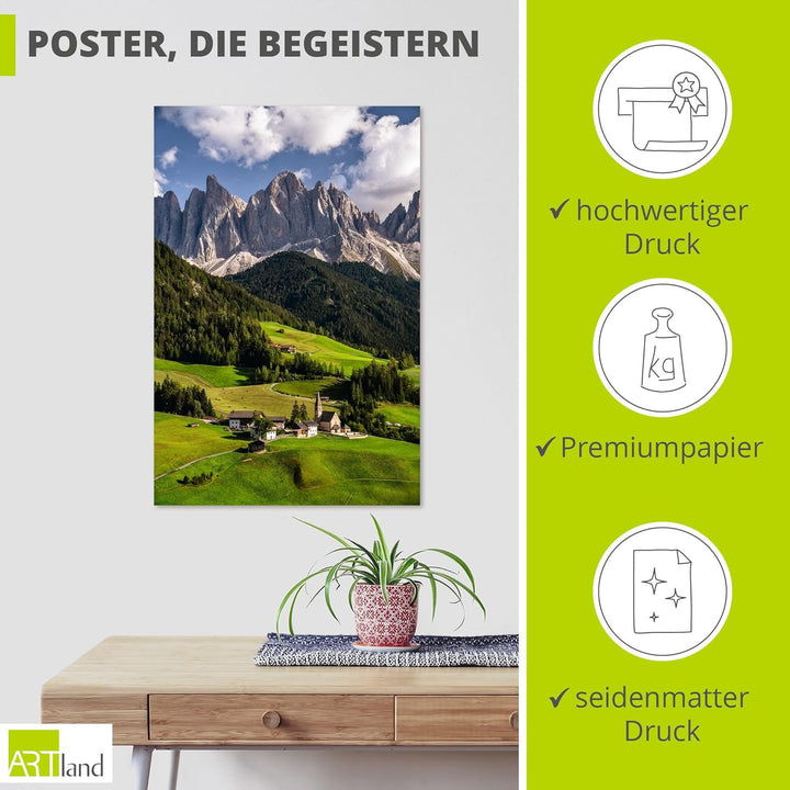 ARTland Poster Kunstdruck Wandposter Bild ohne Rahmen 80x120 cm Hochformat Landschaft Berge Wald Wie