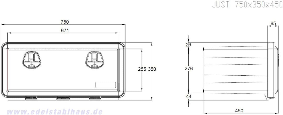 LKW Staukasten aus Kunststoff 750x350x450mm 65 Liter, Edelstahlhaus, Werkzeugkasten, Unterbaubox für