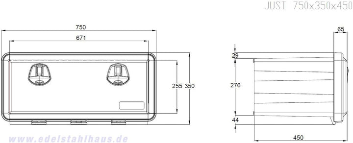 LKW Staukasten aus Kunststoff 750x350x450mm 65 Liter, Edelstahlhaus, Werkzeugkasten, Unterbaubox für