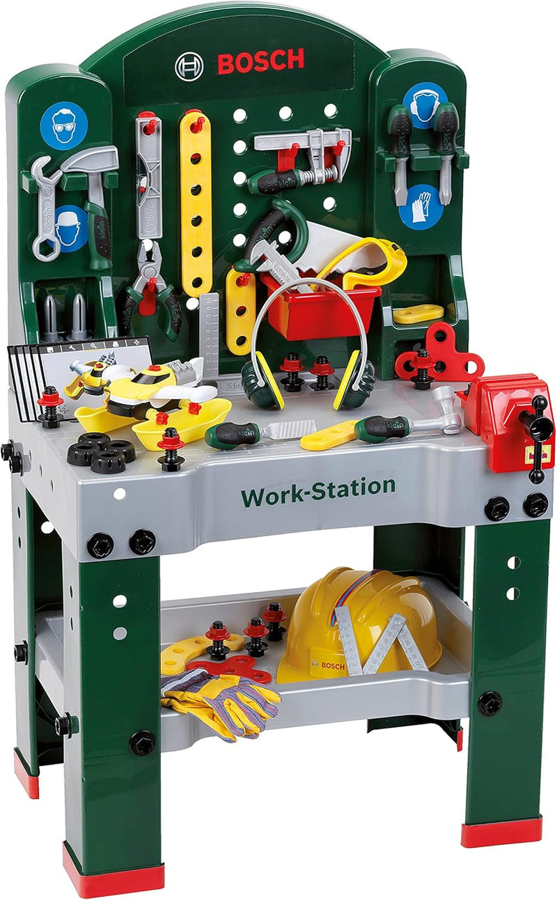 Theo Klein 8513 Bosch Work-Station I Werkbank mit Werkzeug, Montagefahrzeug und Zubehör I ab 3 Jahre