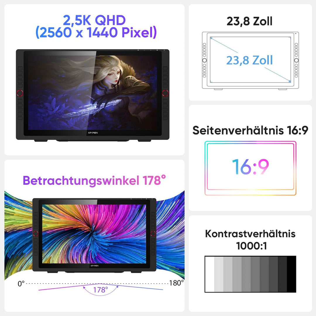XP-PEN Artist 24 Pro Grafik-Tablet mit Display 2K QHD in 23,8 Zoll (63,8 cm), passiver Eingabestift,