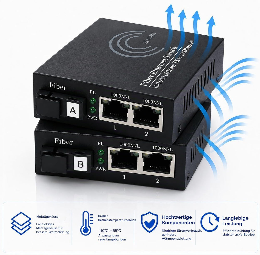 Elfcam® - Gigabit Ethernet LWL Media Converter Fibre Optic 10/100/1000 Mbps Including Mini-GBIC (SFP