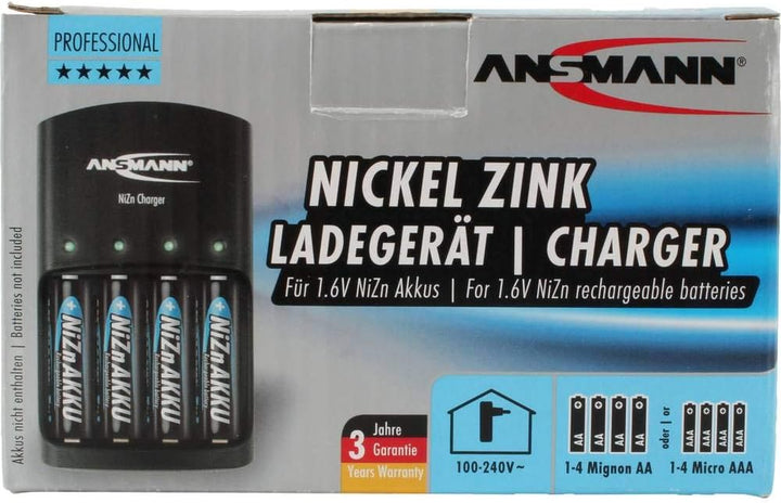 ANSMANN Nickel-Zink Ladegerät Akku / Leistungsstarkes 4-fach Ladegerät für 1,6V NiZn AA oder AAA Akk