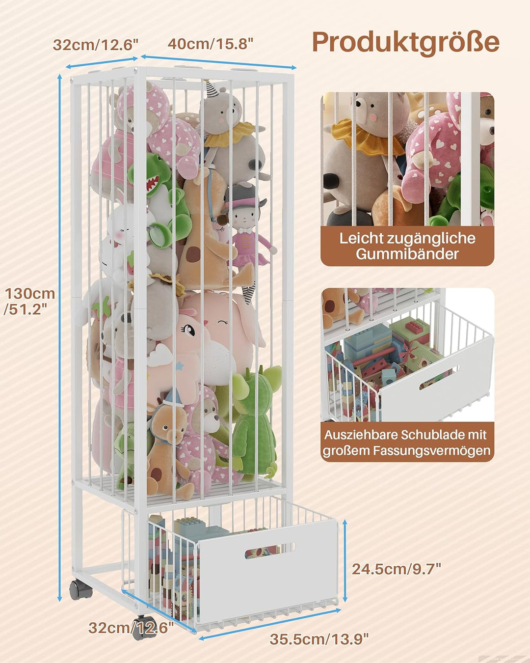 UMDONX Kuscheltier Aufbewahrung mit Schublade, 360° Bremsräder & platzsparend Design, Stofftier Orga