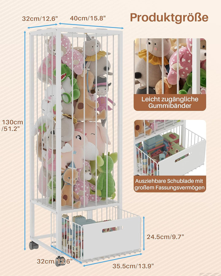 UMDONX Kuscheltier Aufbewahrung mit Schublade, 360° Bremsräder & platzsparend Design, Stofftier Orga