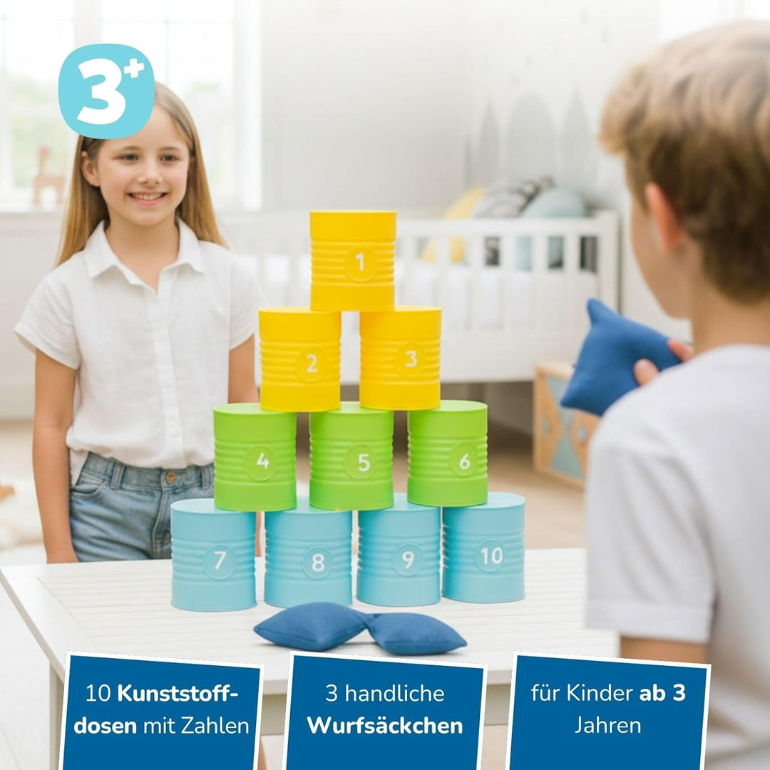 alldoro 60069 Dosenwerfen, Dosen-Wurfspiel, 10 nummerierte Kunststoff-Dosen & 3 Wurfsäckchen, für Ki