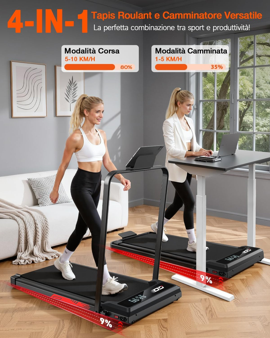 Walking Pad mit 9% Steigung, Laufband klappbar elektrisch für Zuhause und Büro, leiser bürstenloser