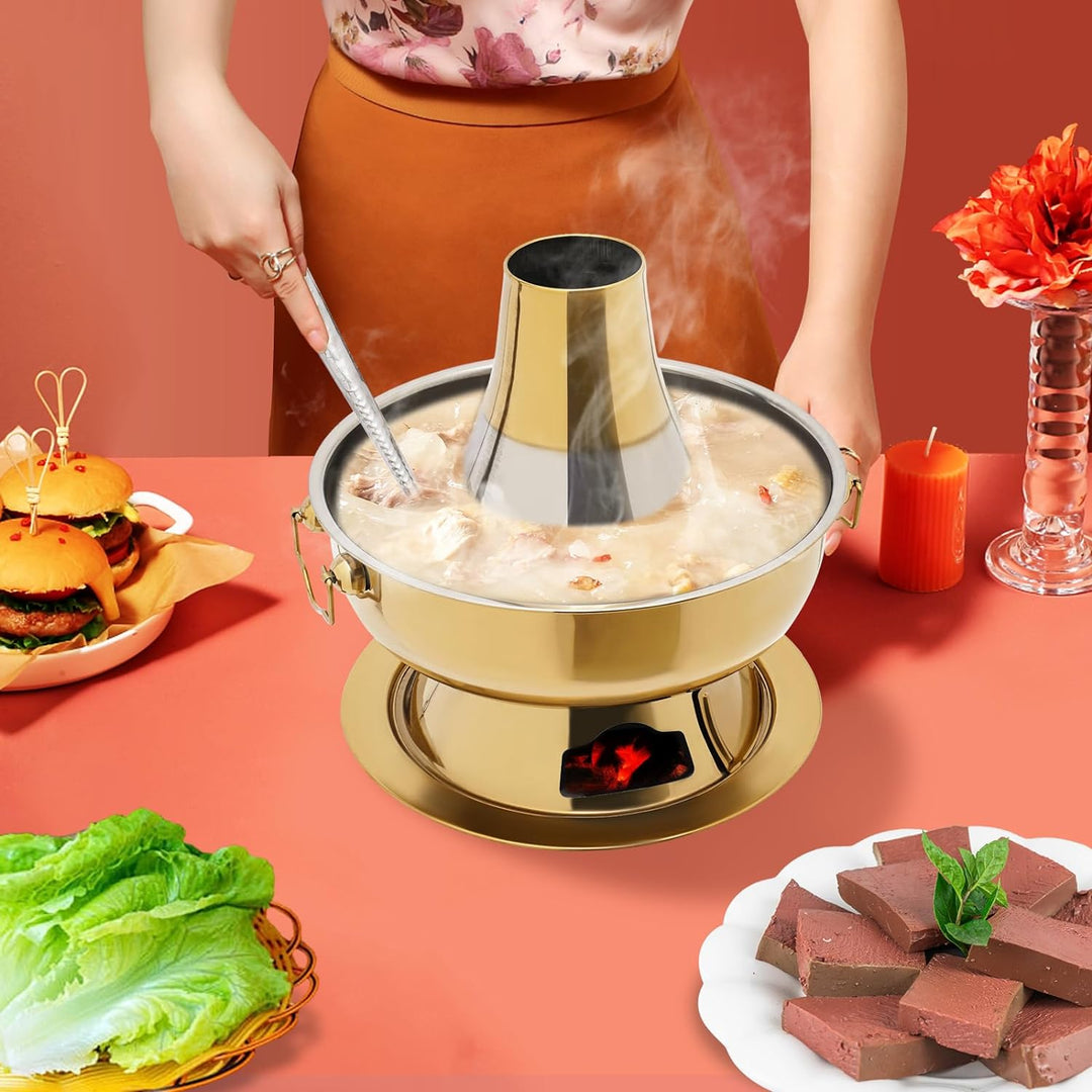 Hot Pot Topf, 2.3 Litre Campingherde Hot Pot aus Edelstahl, Messingfarbe Hotpot mit Schornstein, Chi