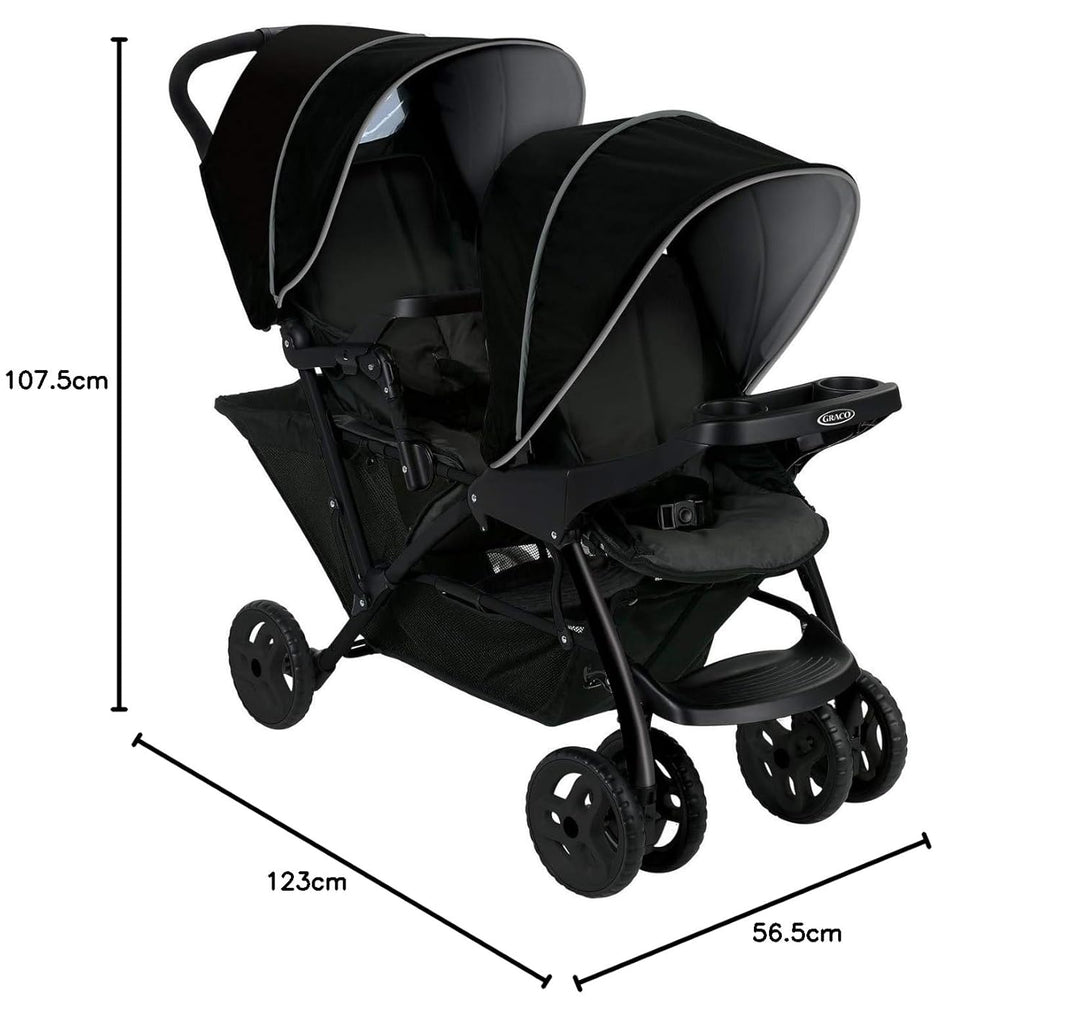 Graco Stadium Duo Geschwisterwagen, Zwillingswagen, 0-15 kg, grosser Staukorb, inkl. Snacktabletts,