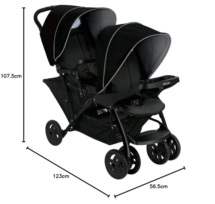 Graco Stadium Duo Geschwisterwagen, Zwillingswagen, 0-15 kg, grosser Staukorb, inkl. Snacktabletts,