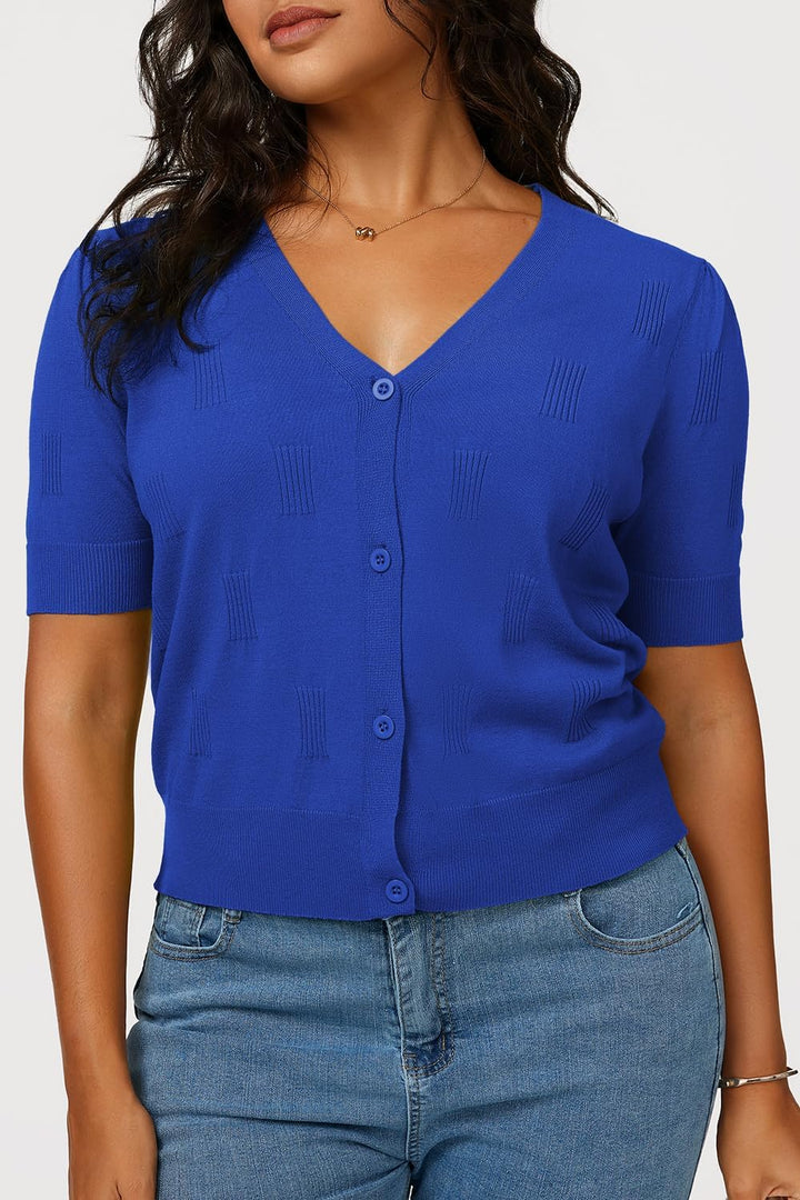VOTEPRETTY Damen Strickjacke Sommer Kurzarm Cardigan V Ausschnitt Leichte Solid Top Elegant Bolero S