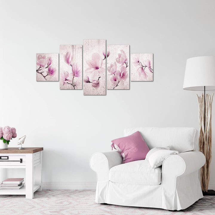Runa Art Wandbilder Blumen Magnolien 5 Teilig Bild auf Vlies Leinwand Deko Wohnzimmer Abstrakt Grau