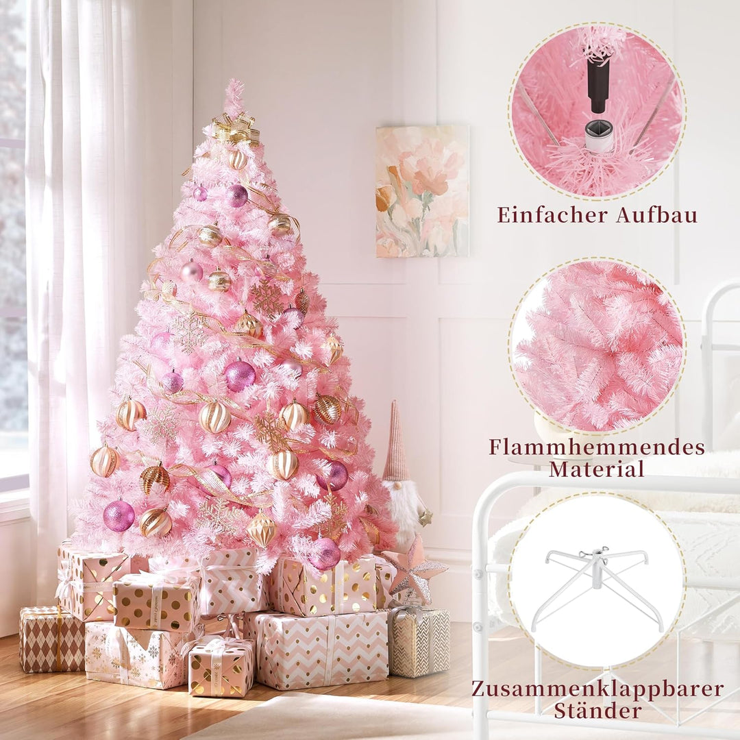 Yaheetech 183 cm Künstlicher Weihnachtsbaum Rosa, Tannenbaum mit 598 Spitzen & Faltbarem Metallständ