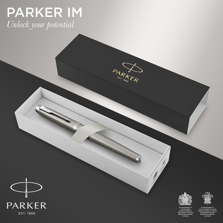 Parker IM Rollerball | Edelstahl mit Chrom-Zierteilen | feine Spitze mit schwarzer Tinte | Geschenkb