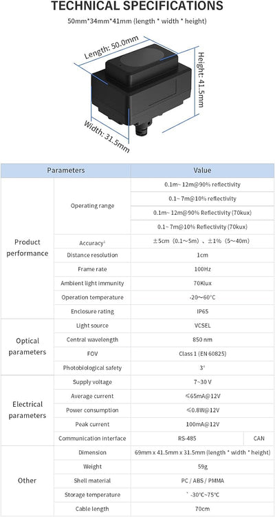 TFmini-i Lidar Sensor 0,1–12 m Messbereich Entfernung Einzelpunkt Entfernungsmesser Modul kompatibel