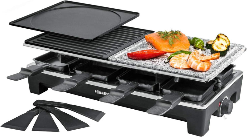 ROMMELSBACHER Raclette Grill RCS 1350 – 2 Wendegrillplatten, 1 Steingrillplatte, 8 Pfännchen, 8 Scha