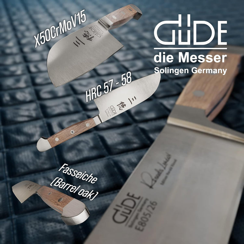 GÜDE Solingen - Santoku Messer geschmiedet, 14 cm, Fasseichenholz, ALPHA FASSEICHE, Doppelkropf, Han