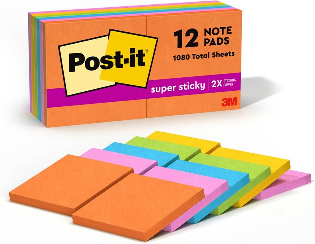 Post-it Super Haftnotizen, 7,6 x 7,6 cm, 12 Blöcke, 2 x Haftkraft, verschiedene helle Farben, recyce