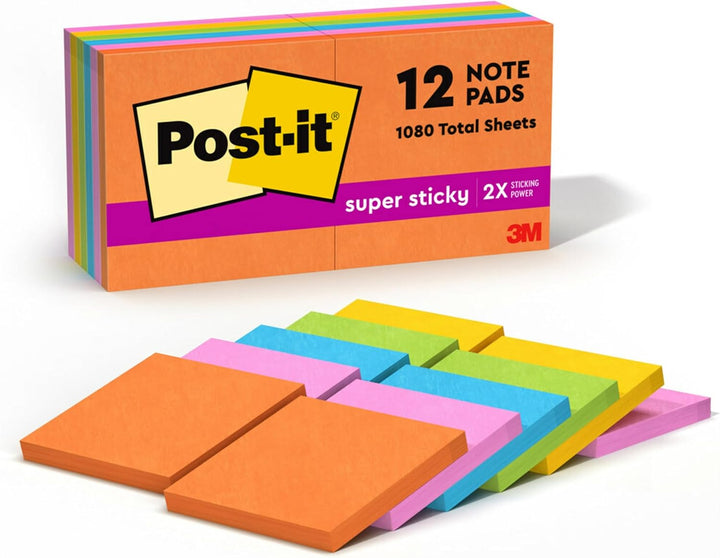 Post-it Super Haftnotizen, 7,6 x 7,6 cm, 12 Blöcke, 2 x Haftkraft, verschiedene helle Farben, recyce