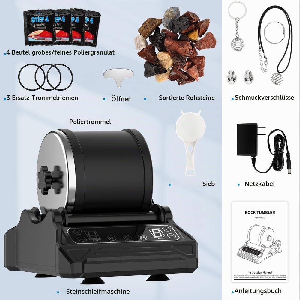 Rock Tumbler Kit Steintrommel Set, Steinschleifmaschine mit 9-Tage-Timer &amp; 9-Gang-Einstellungen, Kom