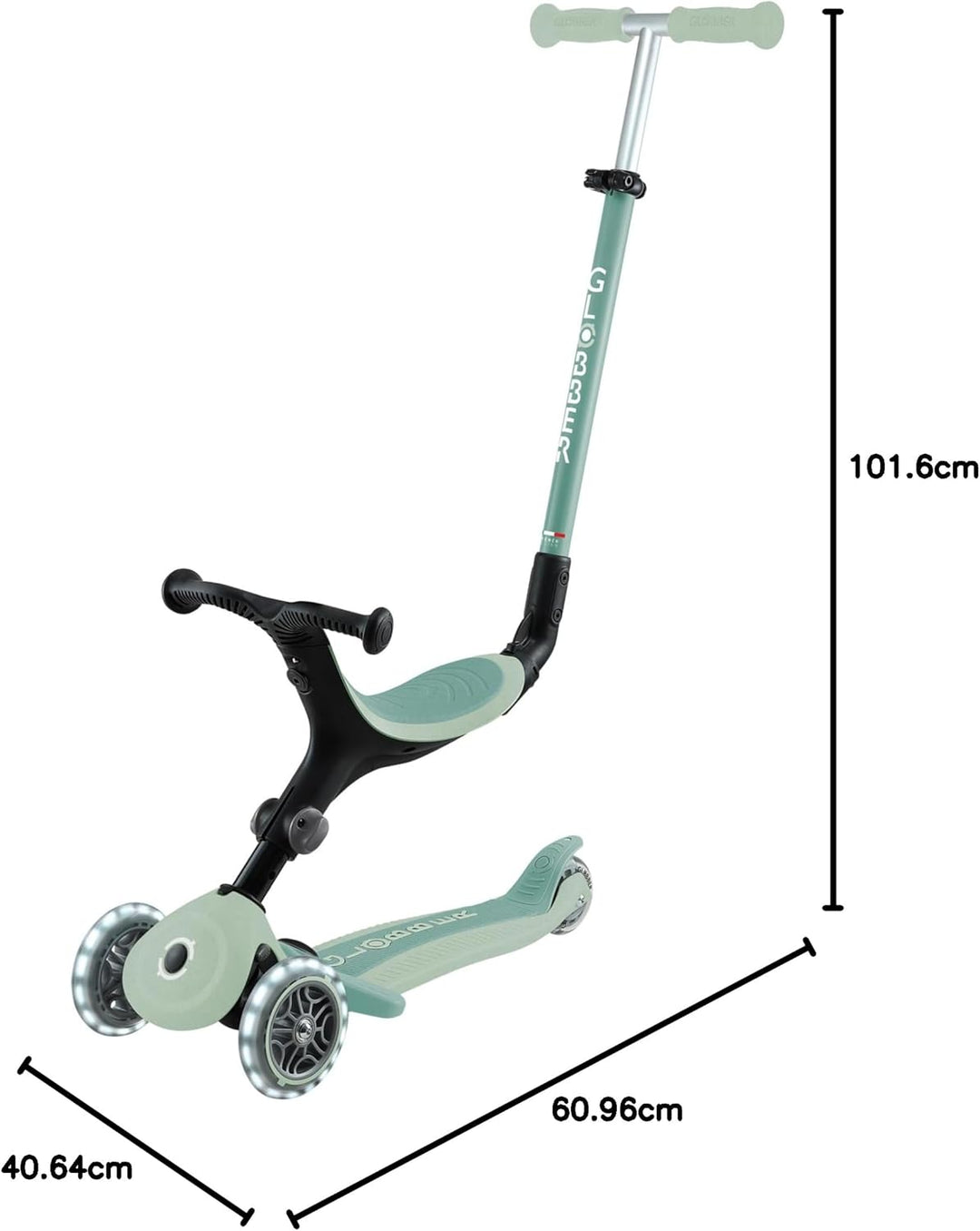 GLOBBER GO-UP Active Lights ECO 3in1 – Tretroller, Dreirad und Laufrad für Kinder – höhenverstellbar