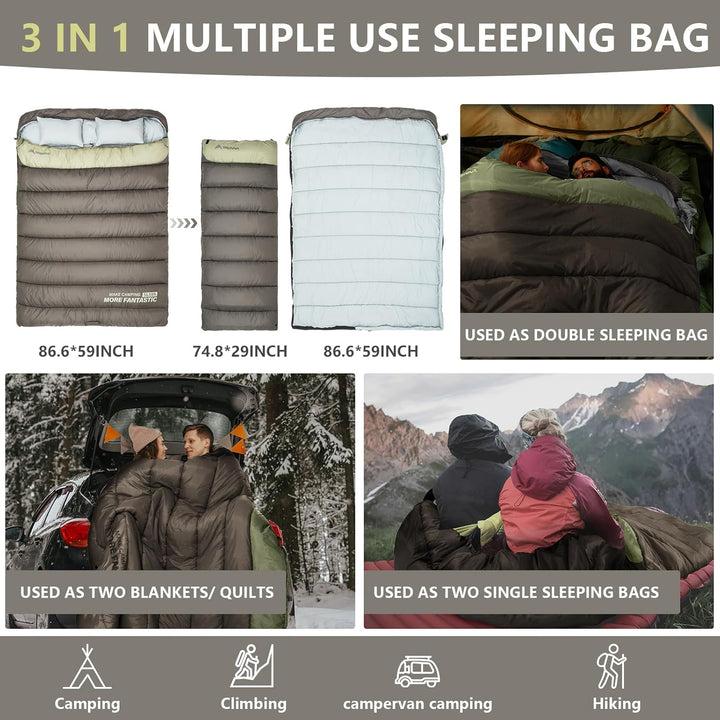 BISINNA Winter Doppelschlafsack für Erwachsene 2 Personen Outdoor Warmer Schlafsack 3 Jahreszeiten–