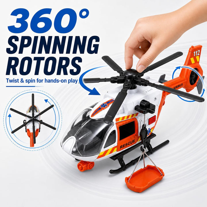 Rescue Helicopter Toy with Lights and Sounds,Emergency Crane Toy with Hanging Tray, Kids Toys for 3