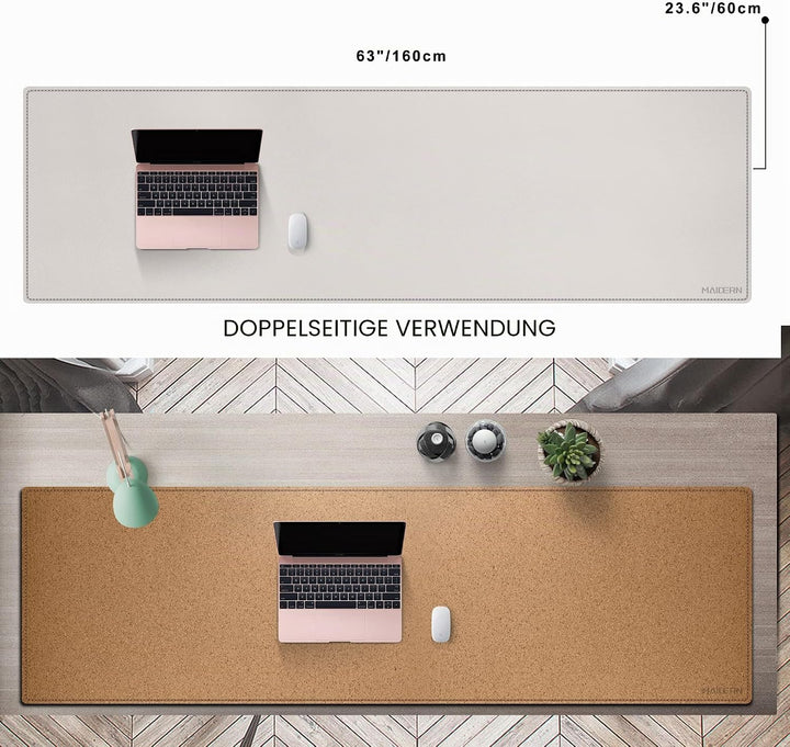 MAIDERN Schreibtischunterlage 160x60cm, Kork & PU-Leder Doppelseitiges Tischunterlage, Grosse Mauspa