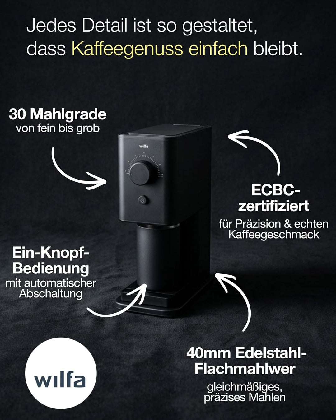Wilfa ZENSE Kaffeemühle - 30 Mahlgrade - 40mm Edelstahl-Flachmahlwerk - Antistatik - luftdicht versc