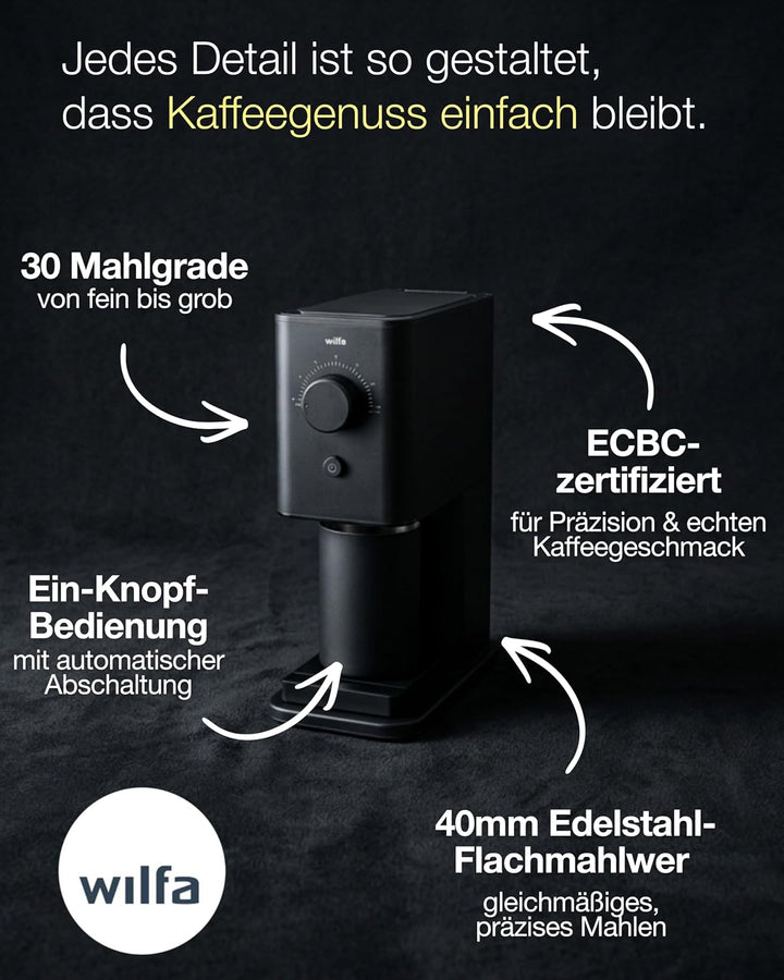 Wilfa ZENSE Kaffeemühle - 30 Mahlgrade - 40mm Edelstahl-Flachmahlwerk - Antistatik - luftdicht versc