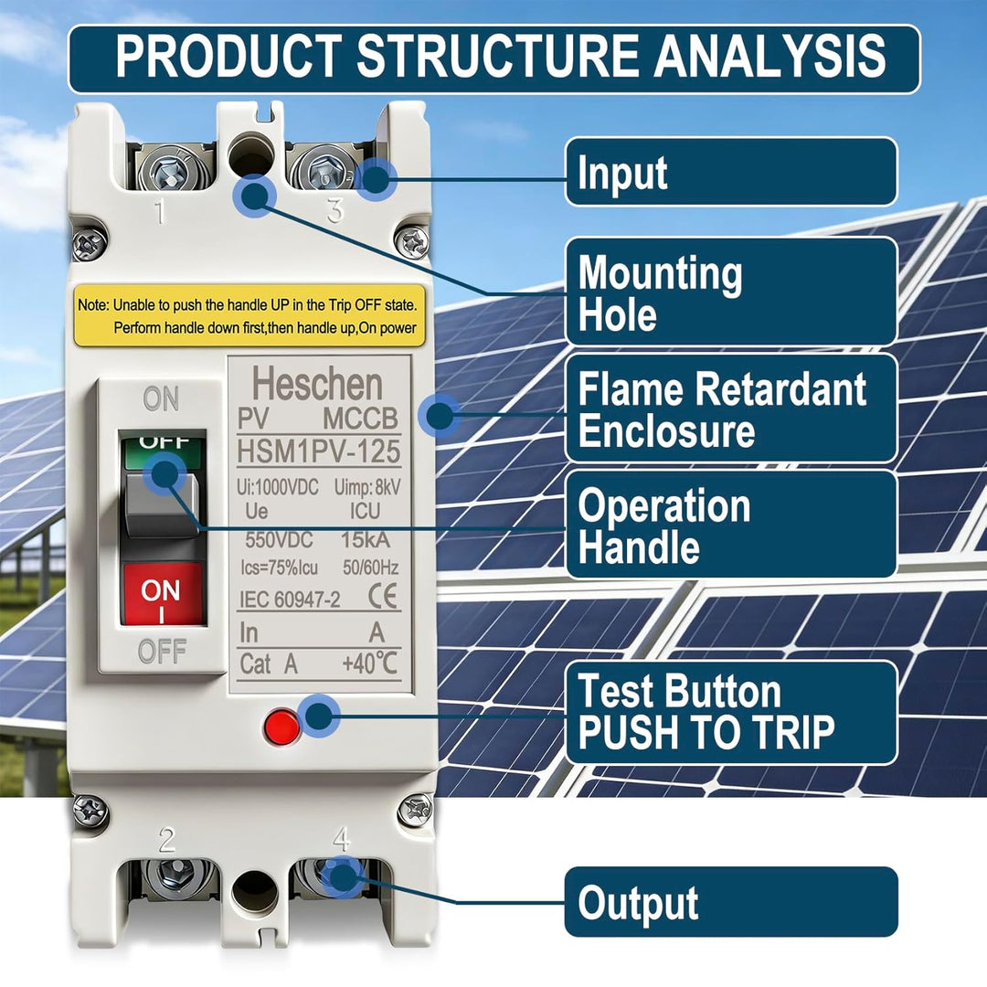 Heschen DC-Leistungsschalter MCCB, 2-polig, DC550V, Photovoltaik-Leistungsschalter, für PV-Solaranla