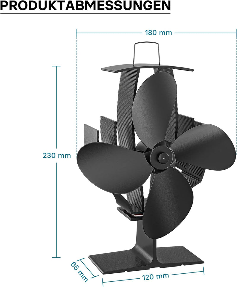 Wiltec Kaminofen Ventilator 4 Blatt Gebläse für Ofen 60-350°C Kaminventilator stromlos