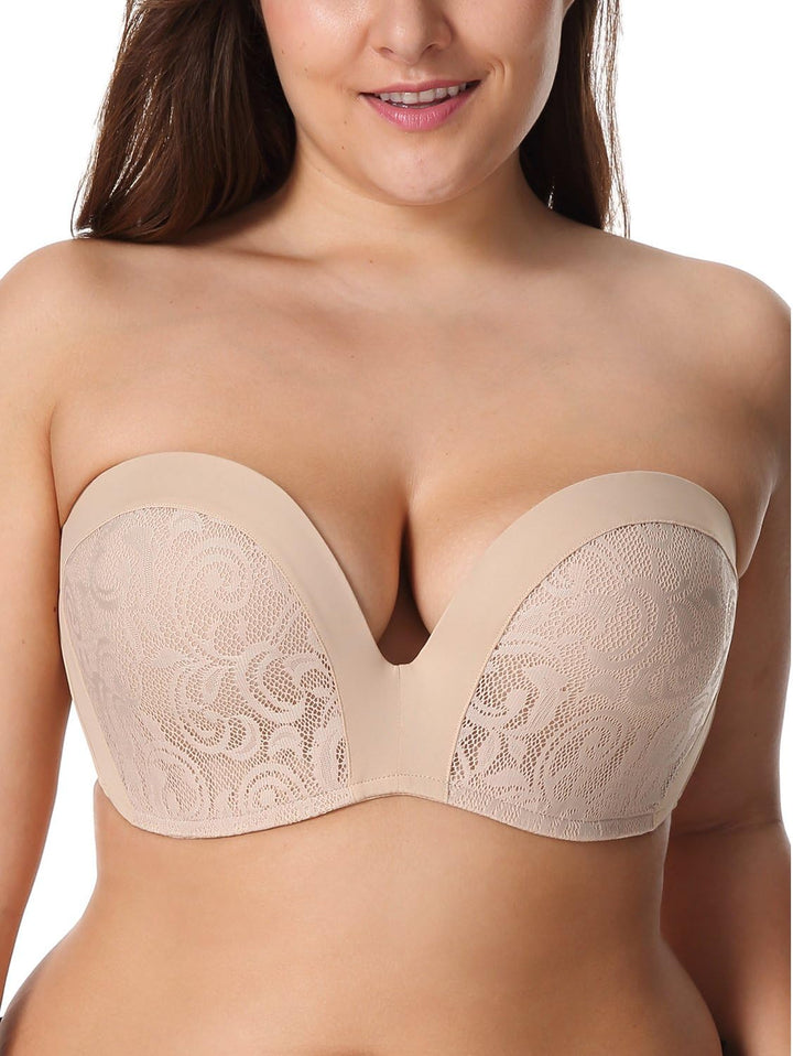 DELIMIRA Damen Push Up Trägerlos BH - Spitze Gemoldete Cups Trägerlos Büstenhalter 70B Beige, 70B Be