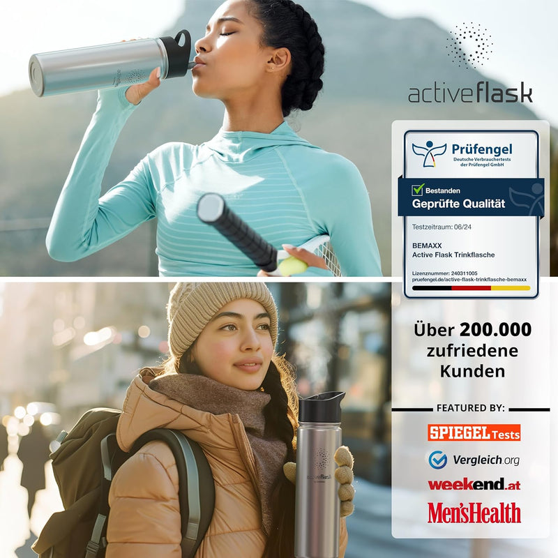 Trinkflasche Edelstahl ACTIVE FLASK + Strohhalm (3 Deckel) BPA-frei, Auslaufsicher, Kohlensäure geei