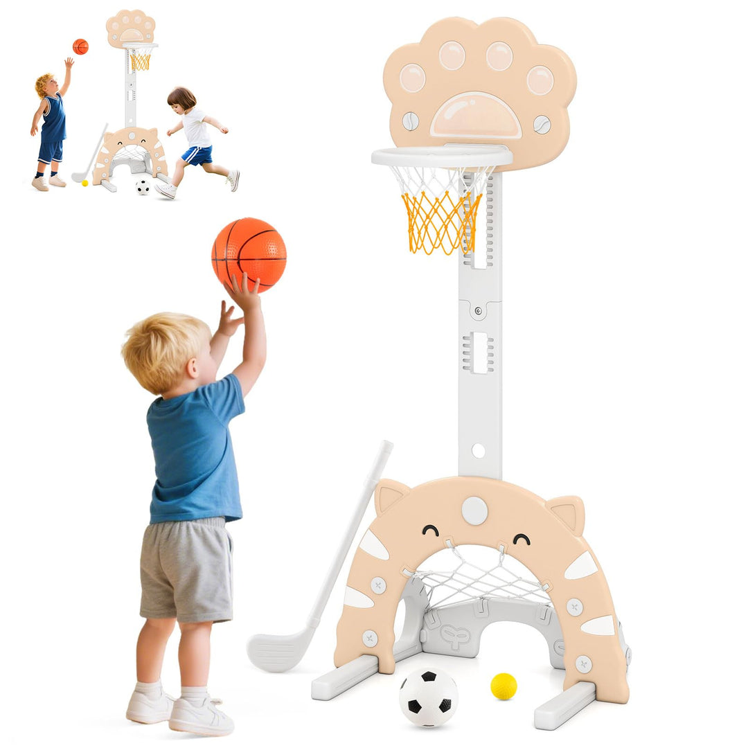 DREAMADE Basketballkorb Kinder, 3-in-1 Basketballständer höhenverstellbar 130-151 cm mit Fussballtor
