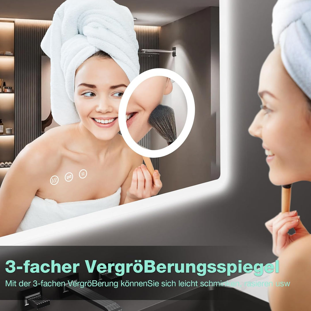 Badezimmerspiegel 80 x 60 cm mit Beleuchtung, 3 Lichtfarben, Dimmbar, Antibeschlag, 3-Fach Vergrösse