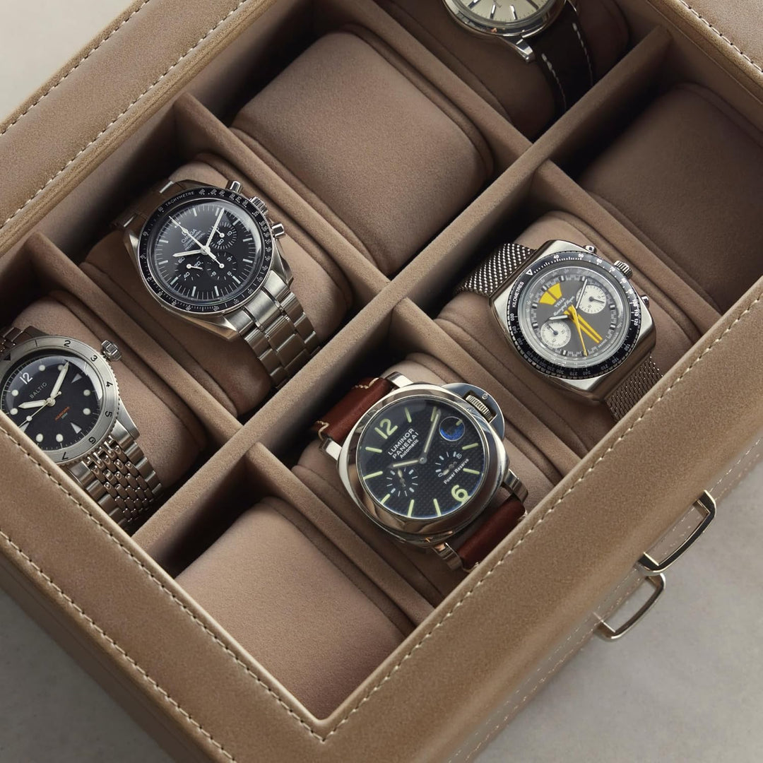 TAWBURY 8-Fach-Uhrenbox mit Aufbewahrungsschublade – Premium-Uhrenaufbewahrungsbox für Herren (Taupe