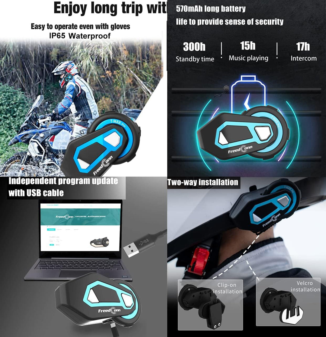 FreedConn T-Max Pro Motorrad Bluetooth Headset, Helm Intercom, Kommunikationssystem für bis zu 6 Mot