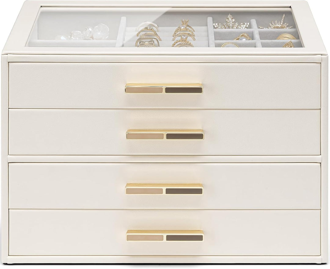 VLANDO Schmuckkästchen Gross, Schmuckkasten mit 4 Ebenen, Schmuck Organizer mit Glasdeckel, 4 Schubl