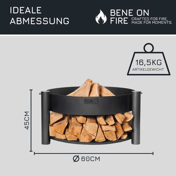 BENE ON FIRE Feuerschale Ø 60 cm rund mit Griffen & Holzstauraum Washington | Feuerkorb aus robustem