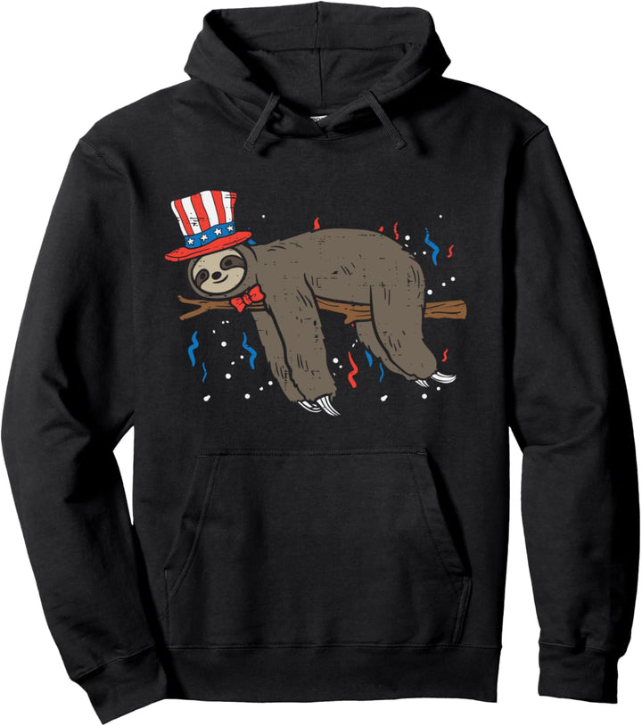 Sloth Lazy Day American Flag USA 4th Of July Fourth Animal Pullover Hoodie