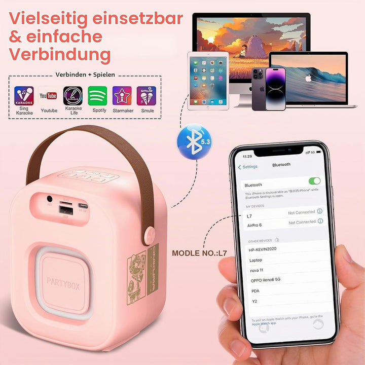 Mini Karaoke Maschine mit 2 drahtlosen Mikrofonen, Tragbarer Bluetooth Lautsprecher, Karaoke Mikrofo
